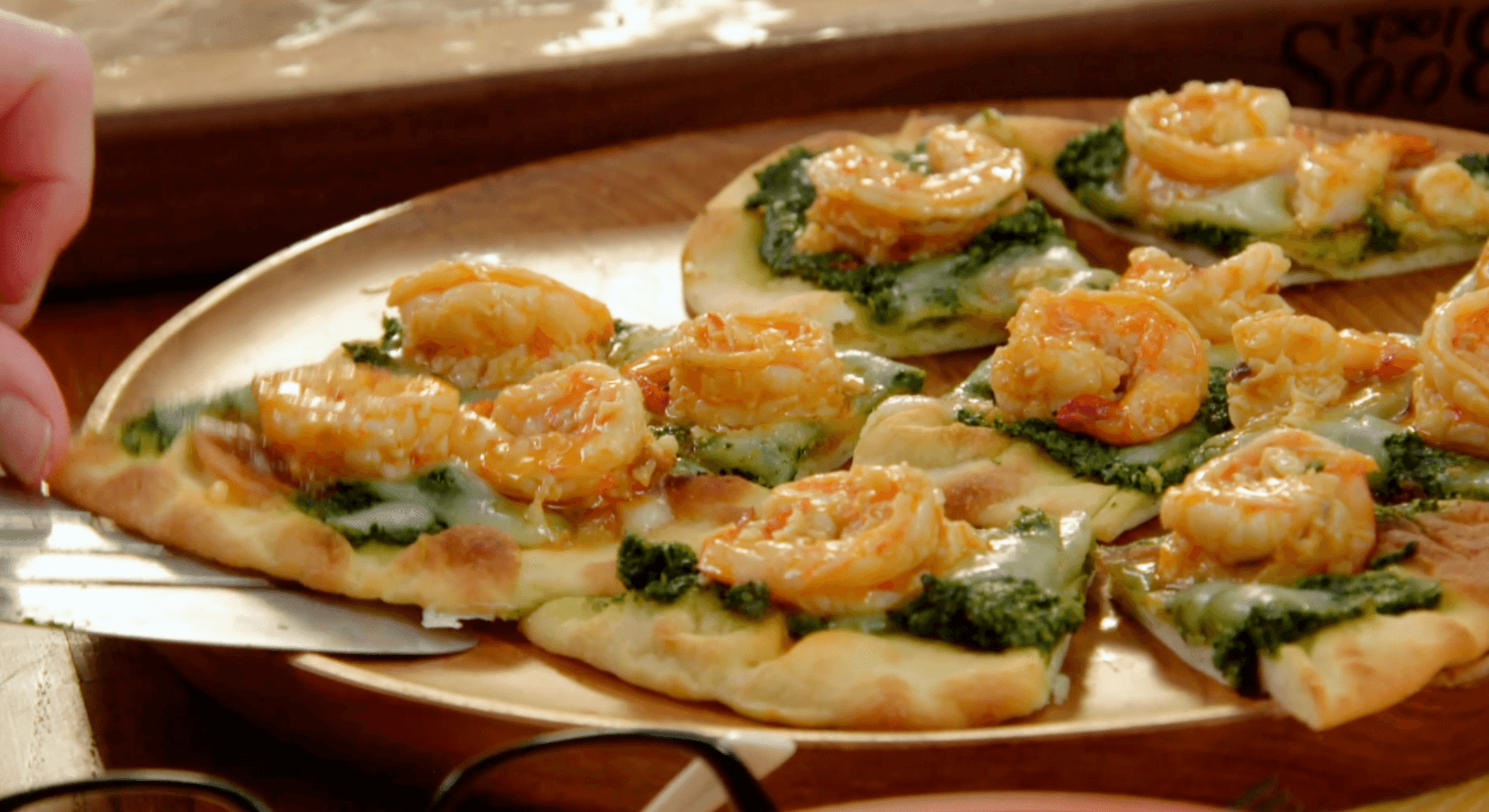 Tuscan Kale Pesto Pizza with Shrimp Scampi